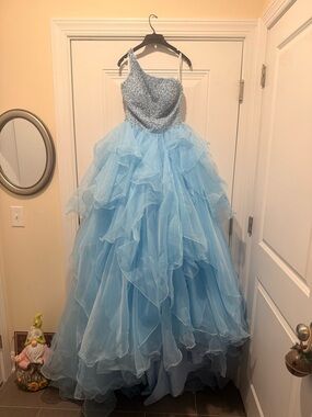 One-Shoulder Light Blue Beaded Prom Ball Gown